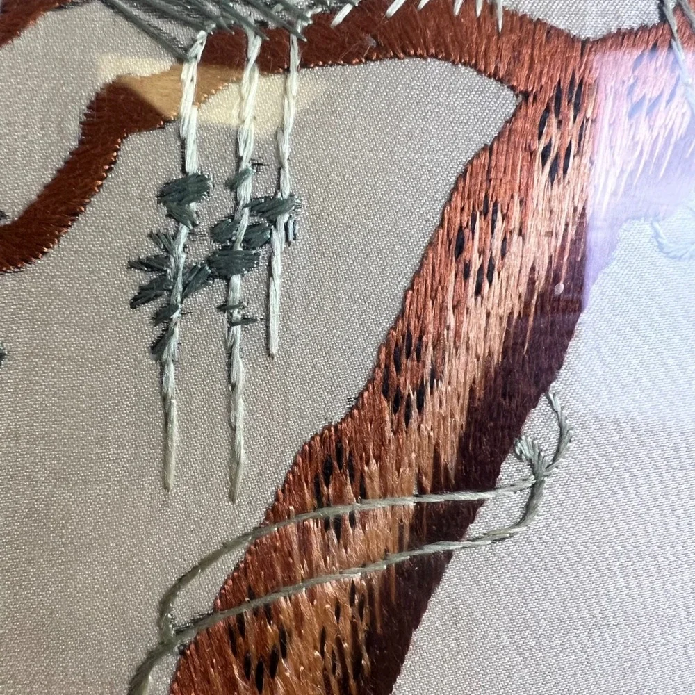 Vintage Chinese Silk Hand Embroidered Crane Pine Tree Framed Art 14x21 Excellent